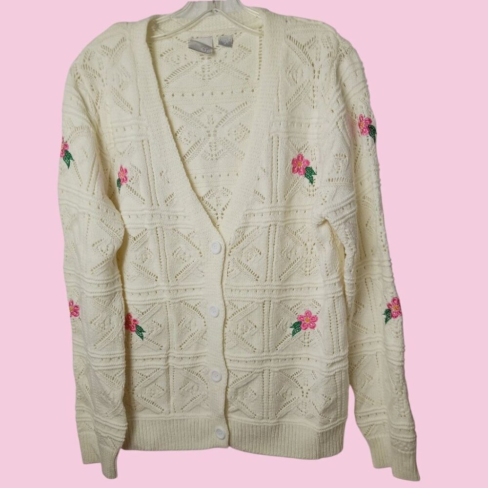 Zero Degrees Celsius Vtg Cardigan Sweater Floral Embroidery Ivory/Pink Medium